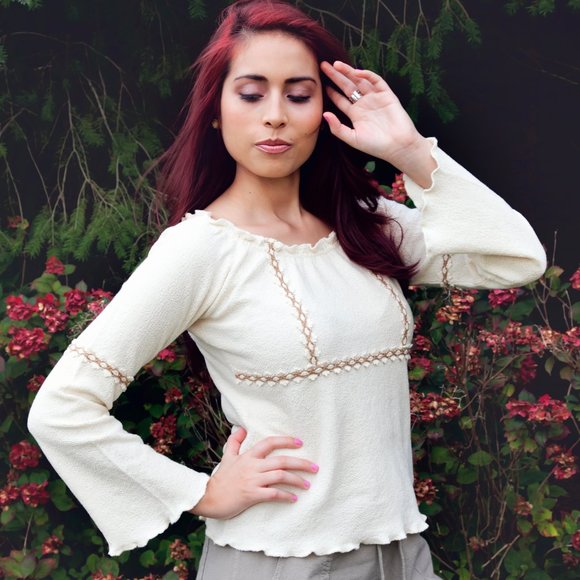 Shay Organic Tanguis Cotton Handmade in Peru Cream w/ Brown Accents Long Sleeve - Picture 1 of 3